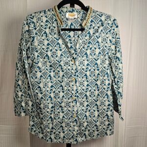 Talbots‎ Womens S Button Up Beaded Collar Blouse Top Blue Floral Short Sleeve